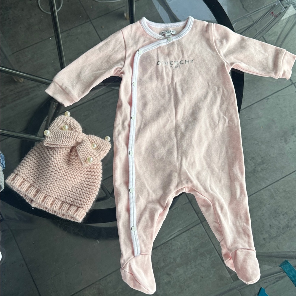 Givenchy authentic girl footie Light Pink Baby Onesie and Knit Hat Set